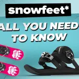 Guía para elegir esquis: dos pares de ski skates rosas y un par de ski boards negros con fijaciones.