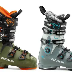 Dos botas de esquí Roxa, una verde y otra gris, para ayudarte a elegir cómo elegir botas de esquí.