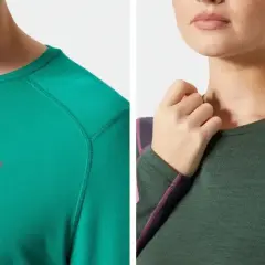 Dos camisetas de manga larga, una verde brillante y otra verde oscuro con detalles morados, perfectas como primera capa montaña.