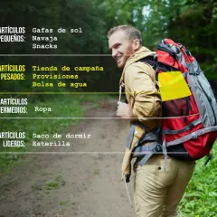 Hombre con mochila en ruta de senderismo, con lista de qué llevar: gafas de sol, navaja, snacks, tienda, provisiones, agua, ropa, saco y esterilla.