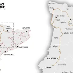 Mapas de los Pirineos y Cataluña, mostrando la ruta del Grand Tour con ciudades como Lleida, La Seu d'Urgell y Barcelona.