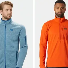 Dos hombres posan con chaquetas Helly Hansen. La de la izquierda es azul jaspeado con cremallera completa, ideal como capa intermedia. La de la derecha es naranja con media cremallera.