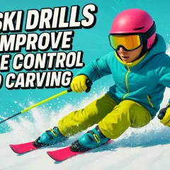 Un esquiador con casco rosa y gafas naranjas desciende una pendiente nevada. El texto "10 SKI DRILLS TO IMPROVE EDGE CONTROL AND CARVING" explica que es el esquí alpino.