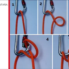 Pasos para hacer un nudo dinámico de escalada. Instrucciones visuales numeradas del 1 al 5.