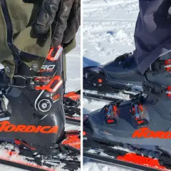 Botas de esquí Nordica Pro Machine en la nieve. ¿Cuánto pesan unas botas de esquí? Estas parecen ser de alto rendimiento.