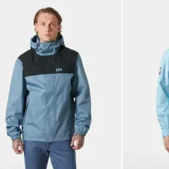Hombre y mujer con chaquetas Helly Hansen, un legado de ropa funcional. La chaqueta azul del hombre tiene un panel negro en el pecho.