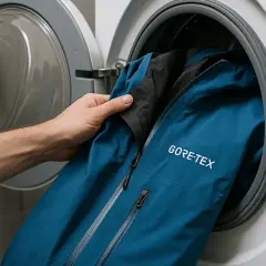 Mano mete chaqueta azul GORE-TEX en lavadora. Aprende cómo lavar Gore-Tex para mantener su impermeabilidad.