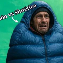 Hombre con chaqueta azul mojada, con cara de angustia. Texto: "Plumón vs Sintético". ¿Qué es Primaloft?