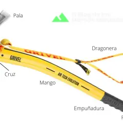 Piolet de tracción amarillo Grivel con pala, pico, mango y empuñadura. Ideal para escalada en hielo.