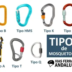 Varios tipos de mosquetones: B, HMS, K, X, A, T y Q. Guía para elegir el mosquetón adecuado.