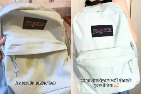 Mochila Jansport sucia antes y después de lavar en lavadora. ¡Tu mochila te lo agradecerá!