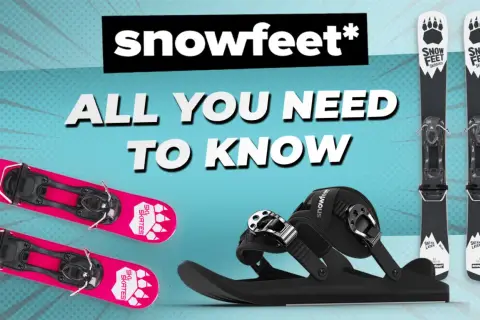 Guía para elegir esquis: dos pares de ski skates rosas y un par de ski boards negros con fijaciones.