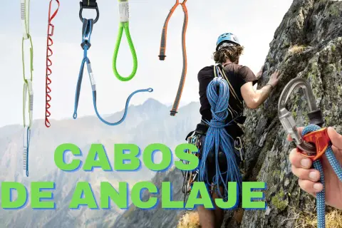 Diversos cabos de anclaje de escalada en colores vibrantes, junto a un escalador en acción y una mano sujetando un mosquetón con cuerda.