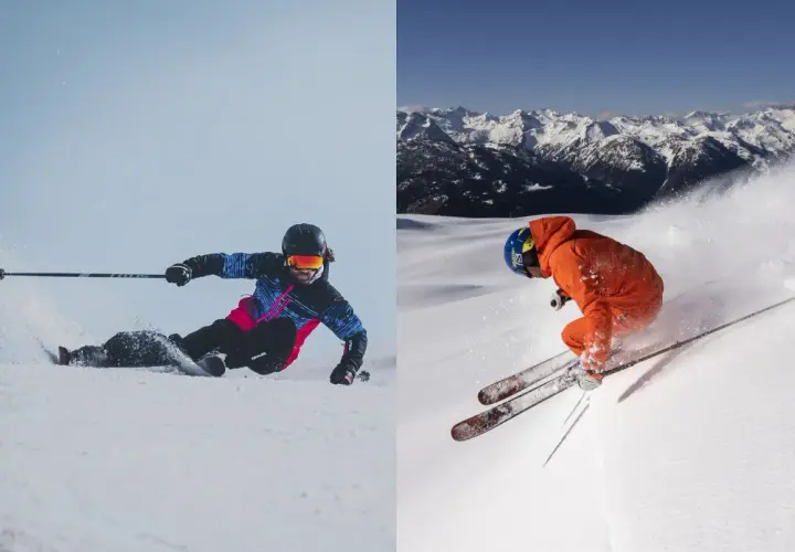 Esquiadores disfrutan de la nieve, mostrando diferentes partes del esqui y equipo.