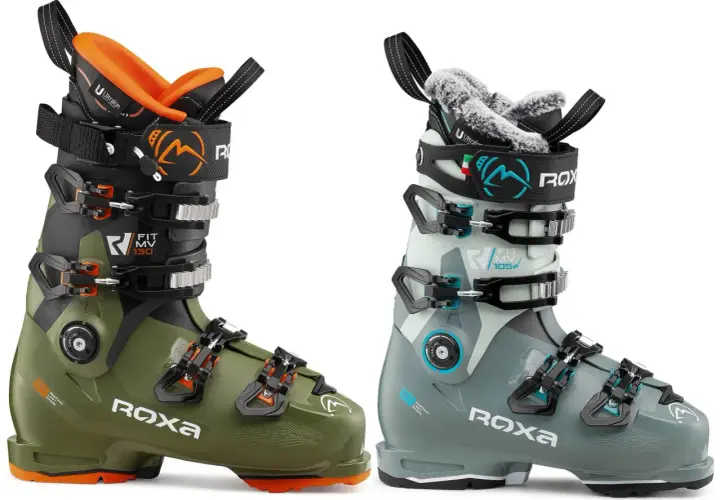 Dos botas de esquí Roxa, una verde y otra gris, para ayudarte a elegir cómo elegir botas de esquí.