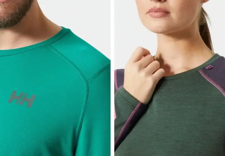 Dos camisetas de manga larga, una verde brillante y otra verde oscuro con detalles morados, perfectas como primera capa montaña.