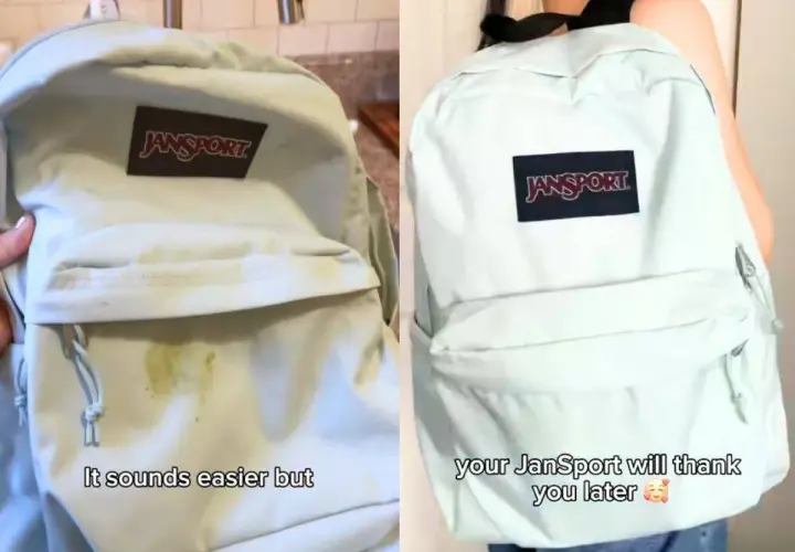 Mochila Jansport sucia antes y después de lavar en lavadora. ¡Tu mochila te lo agradecerá!