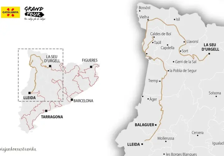 Mapas de los Pirineos y Cataluña, mostrando la ruta del Grand Tour con ciudades como Lleida, La Seu d'Urgell y Barcelona.