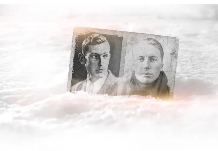 Dos retratos en blanco y negro de Mallory e Irvine emergen de la nieve, evocando su legendaria expedición.