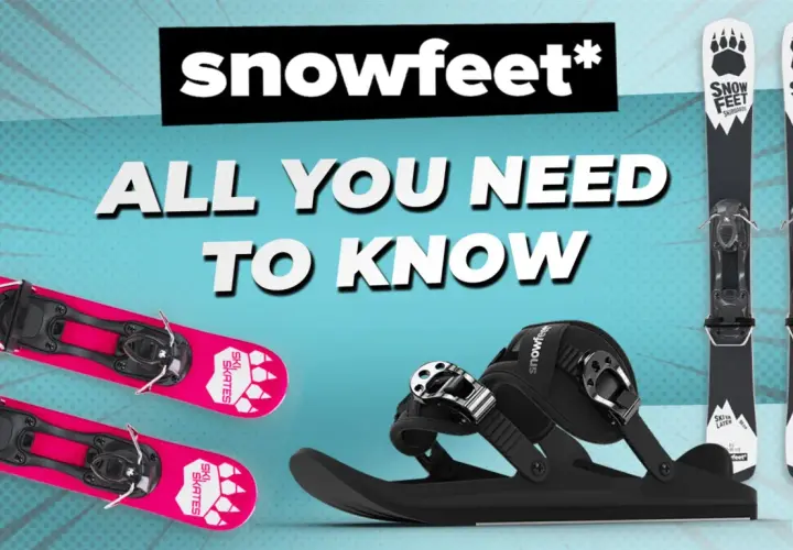 Guía para elegir esquis: dos pares de ski skates rosas y un par de ski boards negros con fijaciones.