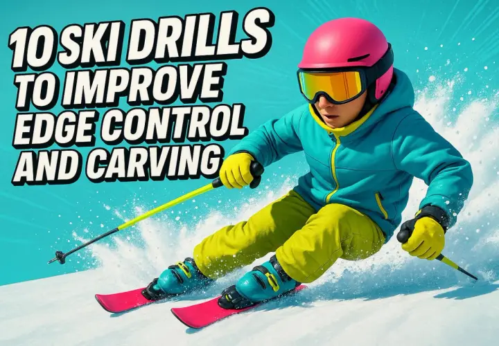 Un esquiador con casco rosa y gafas naranjas desciende una pendiente nevada. El texto "10 SKI DRILLS TO IMPROVE EDGE CONTROL AND CARVING" explica que es el esquí alpino.