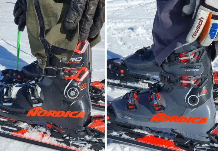 Botas de esquí Nordica Pro Machine en la nieve. ¿Cuánto pesan unas botas de esquí? Estas parecen ser de alto rendimiento.