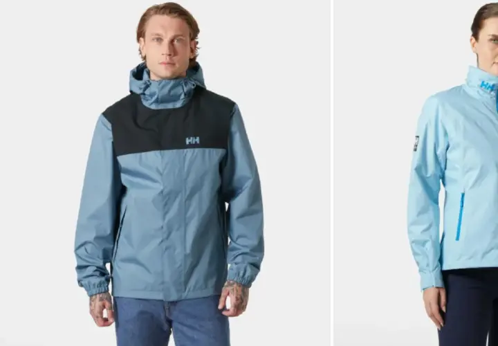 Hombre y mujer con chaquetas Helly Hansen, un legado de ropa funcional. La chaqueta azul del hombre tiene un panel negro en el pecho.