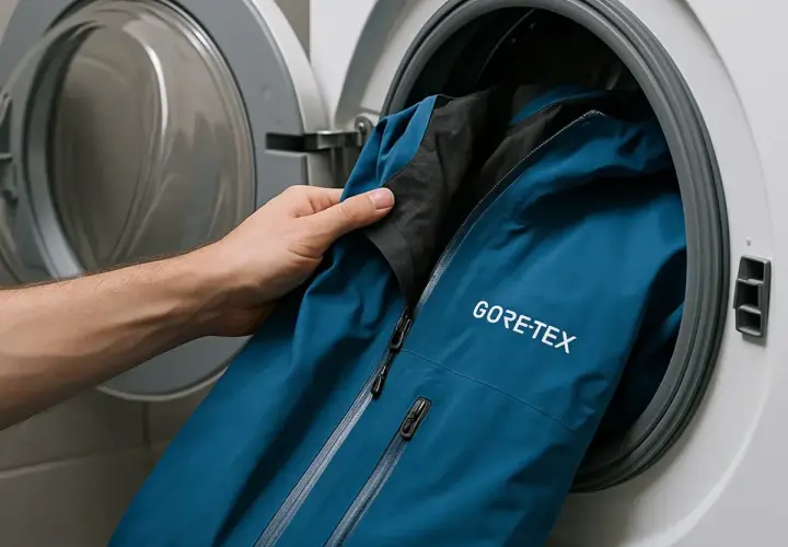 Mano mete chaqueta azul GORE-TEX en lavadora. Aprende cómo lavar Gore-Tex para mantener su impermeabilidad.