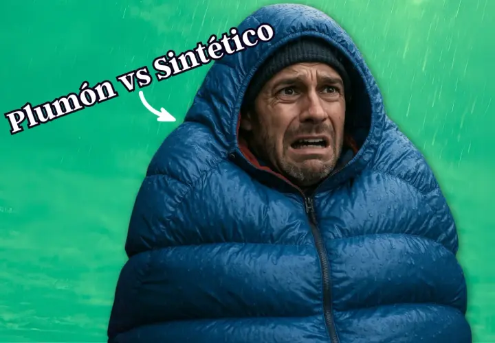 Hombre con chaqueta azul mojada, con cara de angustia. Texto: "Plumón vs Sintético". ¿Qué es Primaloft?