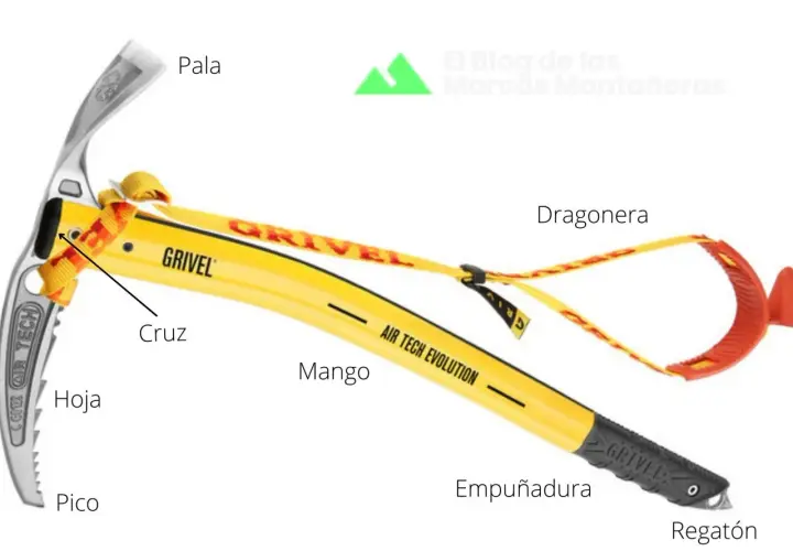 Piolet de tracción amarillo Grivel con pala, pico, mango y empuñadura. Ideal para escalada en hielo.