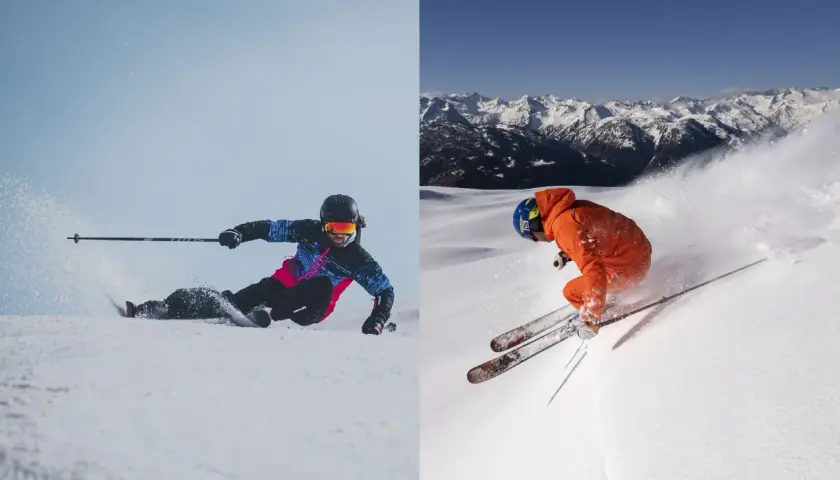 Esquiadores disfrutan de la nieve, mostrando diferentes partes del esqui y equipo.