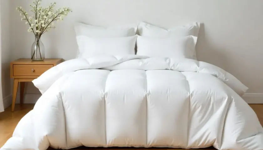 Cama blanca con un edredón mullido, almohadas y un jarrón con flores. El plumón es tan suave que querrás acurrucarte.