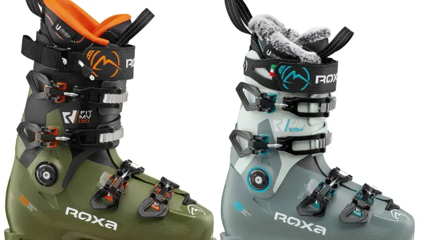 Dos botas de esquí Roxa, una verde y otra gris, para ayudarte a elegir cómo elegir botas de esquí.