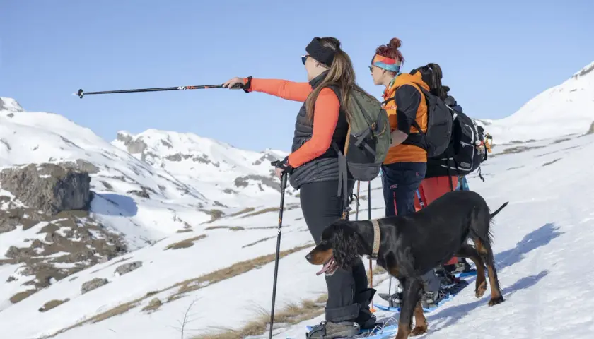 Grupo de personas y un perro explorando rutas raquetas de nieve en Cataluña, disfrutando de un paisaje montañoso nevado.