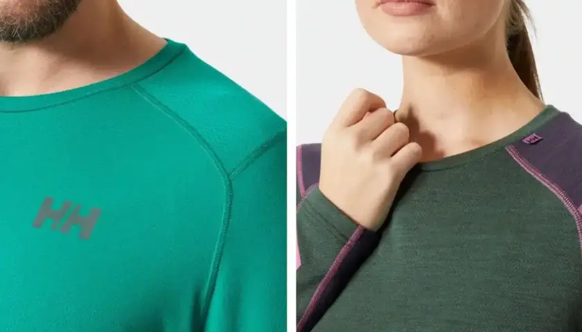 Dos camisetas de manga larga, una verde brillante y otra verde oscuro con detalles morados, perfectas como primera capa montaña.