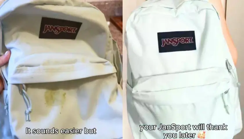 Mochila Jansport sucia antes y después de lavar en lavadora. ¡Tu mochila te lo agradecerá!