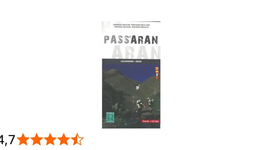 Mapa de senderismo "Pass'aran" para la travesía circular Couserans-Aran. Dos excursionistas se preparan para superar etapas en un paisaje montañoso junto a un lago.