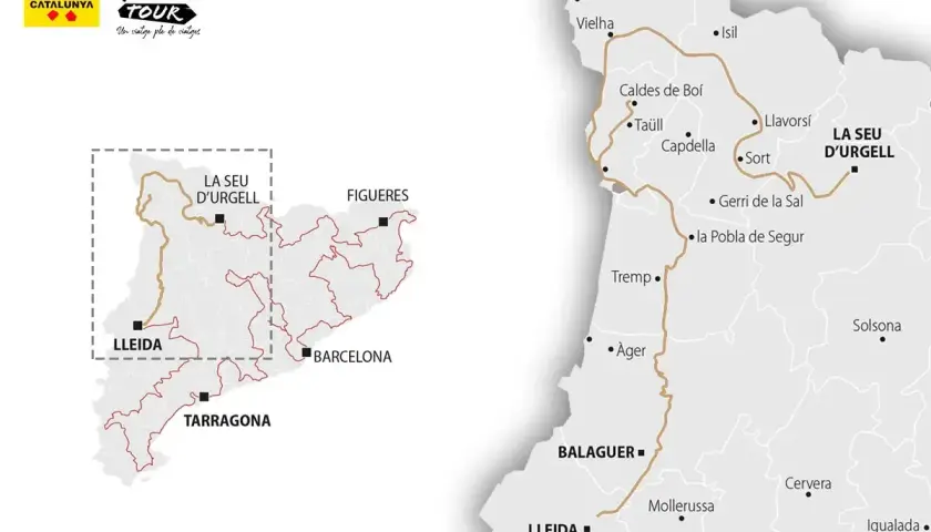 Mapas de los Pirineos y Cataluña, mostrando la ruta del Grand Tour con ciudades como Lleida, La Seu d'Urgell y Barcelona.