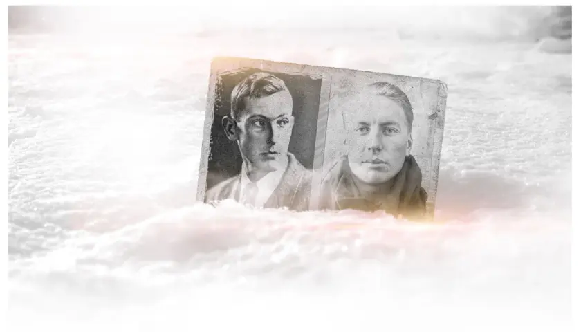 Dos retratos en blanco y negro de Mallory e Irvine emergen de la nieve, evocando su legendaria expedición.