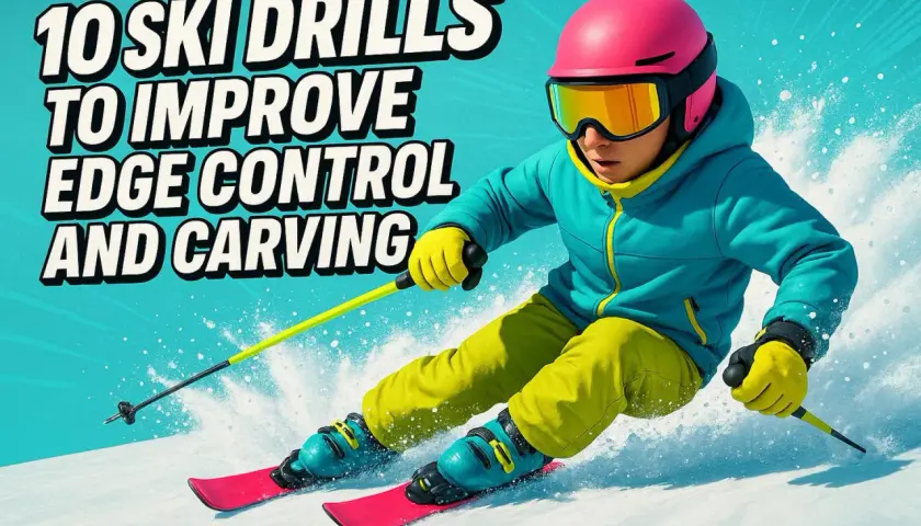 Un esquiador con casco rosa y gafas naranjas desciende una pendiente nevada. El texto "10 SKI DRILLS TO IMPROVE EDGE CONTROL AND CARVING" explica que es el esquí alpino.