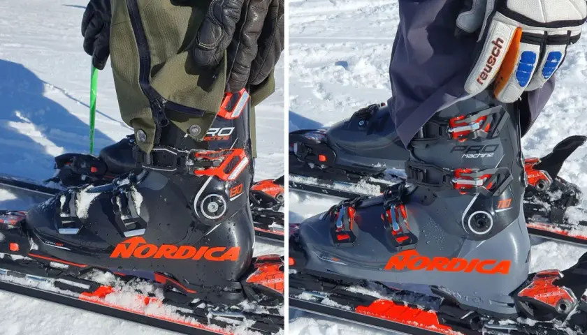 Botas de esquí Nordica Pro Machine en la nieve. ¿Cuánto pesan unas botas de esquí? Estas parecen ser de alto rendimiento.