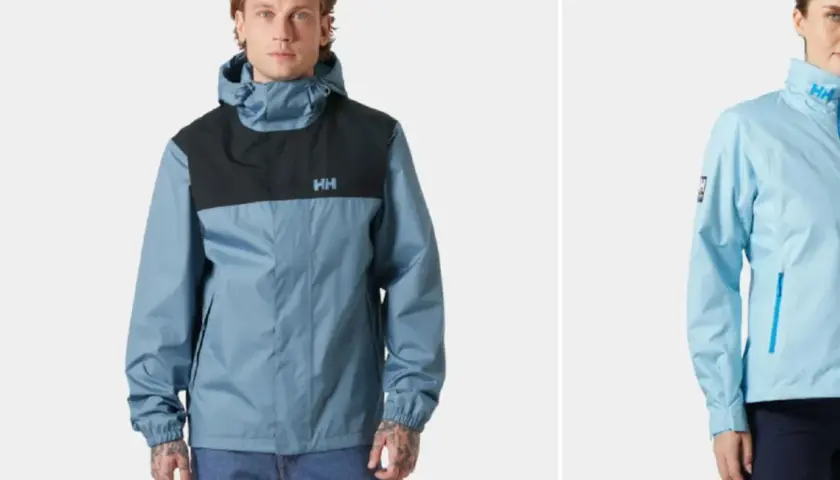 Hombre y mujer con chaquetas Helly Hansen, un legado de ropa funcional. La chaqueta azul del hombre tiene un panel negro en el pecho.