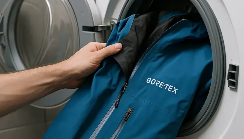 Mano mete chaqueta azul GORE-TEX en lavadora. Aprende cómo lavar Gore-Tex para mantener su impermeabilidad.