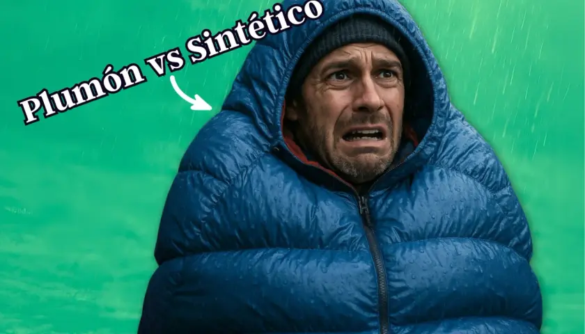 Hombre con chaqueta azul mojada, con cara de angustia. Texto: "Plumón vs Sintético". ¿Qué es Primaloft?
