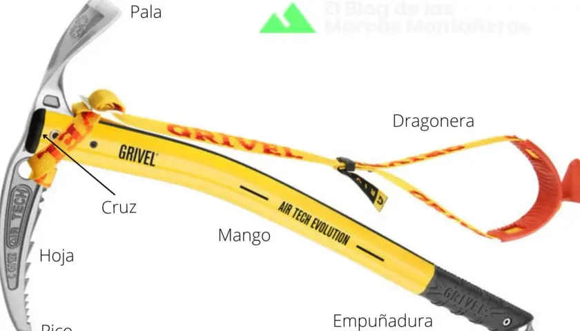 Piolet de tracción amarillo Grivel con pala, pico, mango y empuñadura. Ideal para escalada en hielo.