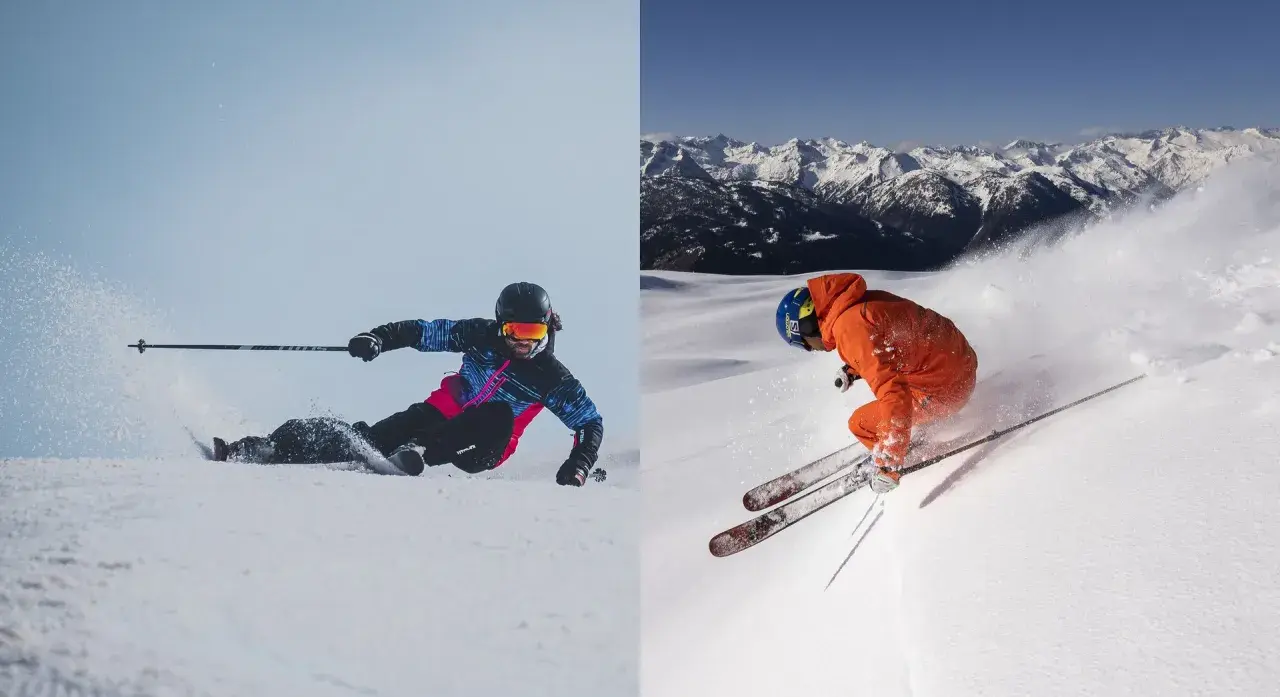 Esquiadores disfrutan de la nieve, mostrando diferentes partes del esqui y equipo.