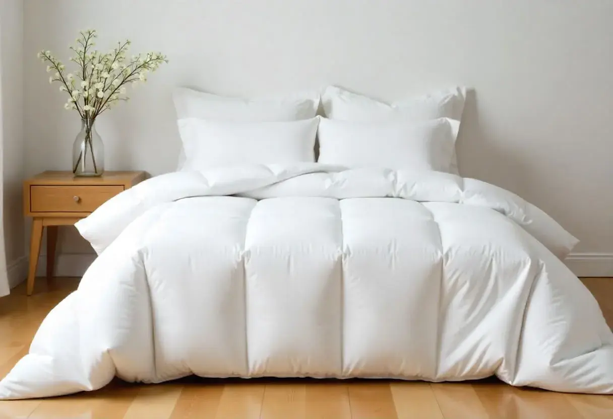 Cama blanca con un edredón mullido, almohadas y un jarrón con flores. El plumón es tan suave que querrás acurrucarte.