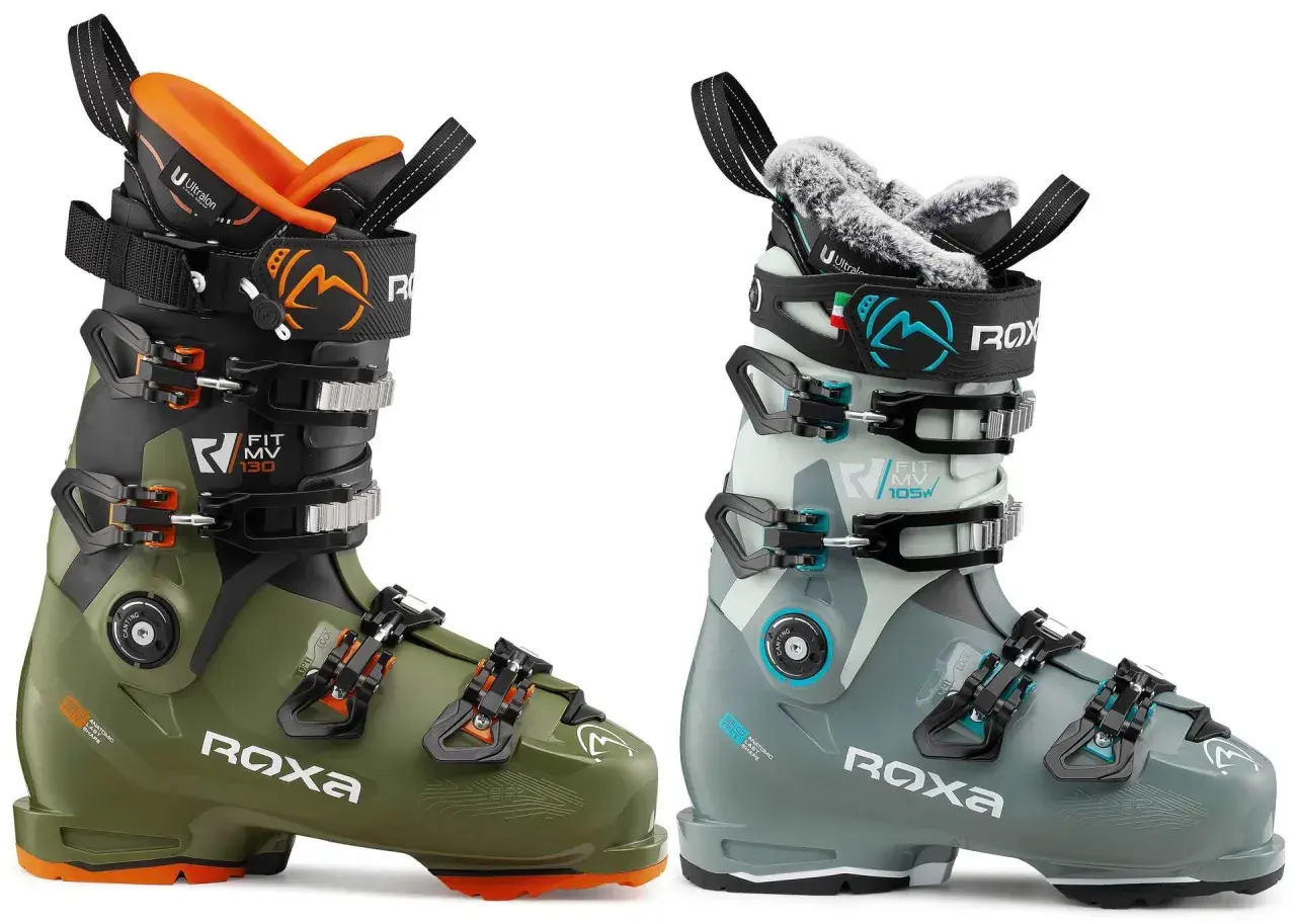 Dos botas de esquí Roxa, una verde y otra gris, para ayudarte a elegir cómo elegir botas de esquí.