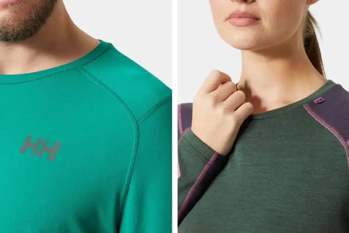 Dos camisetas de manga larga, una verde brillante y otra verde oscuro con detalles morados, perfectas como primera capa montaña.