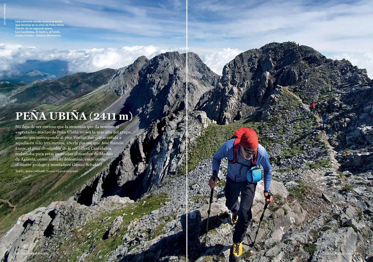 Senderista asciende por las provincias más montañosas de España, hacia la cima de Peña Ubiña.